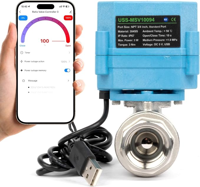 U.S. Solid WiFi Smart Motorized Ball Valve 3/4 inch NPT for Water Control, Irrigation, 2 Way 304SS Electric Valve, USB Powered, Status Indicator, Flow Direction, Remote On/Off Control, NSF Certified