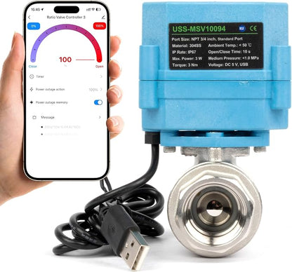 U.S. Solid WiFi Smart Motorized Ball Valve 3/4 inch NPT for Water Control, Irrigation, 2 Way 304SS Electric Valve, USB Powered, Status Indicator, Flow Direction, Remote On/Off Control, NSF Certified