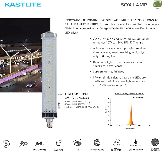KASTLITE Outdoor SOX Lamp Replacement – 35W LED Bulb Replaces 55W | 1258 Lumens | 590nm Amber Narrow Band | B22D Base – Turtle-Safe Outdoor Lighting for Eco Zones – LED-8101-AMB