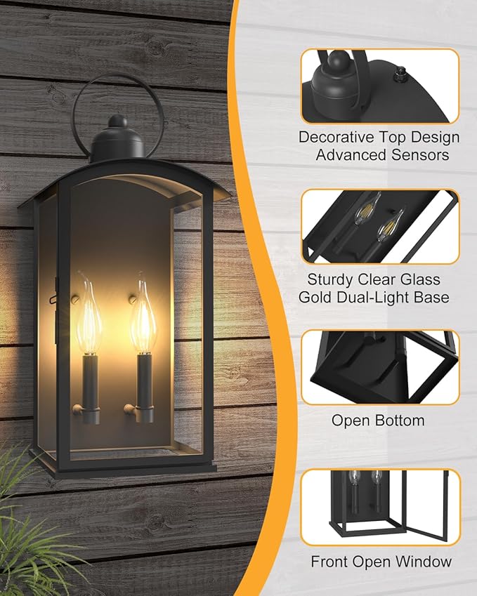 19.7-INCH Outdoor Wall Light Fixtures, Dusk to Dawn Exterior Lanterns Waterproof, Large Porch Sconces Wall Mounted Lighting, Modern Matte Black Front Open Window Wall Lamps for Patio