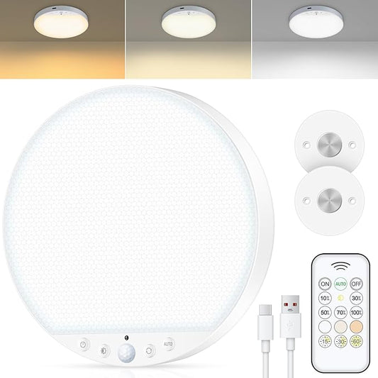 Rechargeable 6W Motion Sensor Ceiling Light Indoor, No Wiring & Magnetic Stick-On, Remote Control for Color & Brightness, Battery Operated Light for Shower, Closet, Bathroom, Pantry, Hallway, 1-Pack