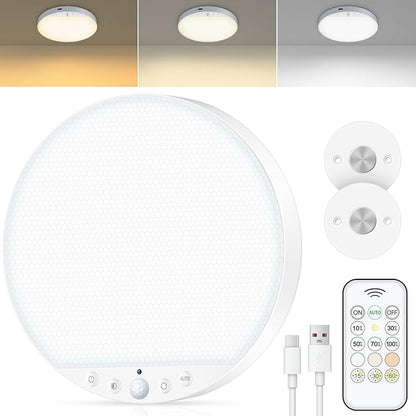 Rechargeable 8W Motion Sensor Ceiling Light Indoor, No Wiring & Magnetic Stick-On, Remote Control for Color & Brightness, Battery Operated Light for Shower, Closet, Bathroom, Pantry, Hallway, 1-Pack