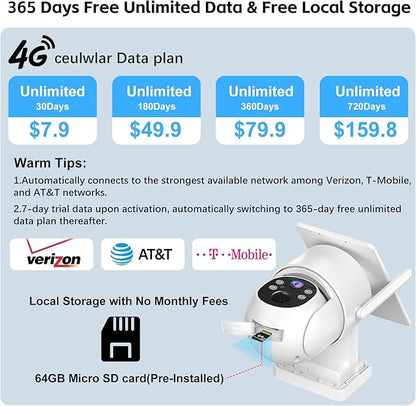 4G LTE Cellular Security Camera Outdoor,365 Days Free Unlimited Data,No WiFi Security Camera Solar Powered,360°Viewing,2K Color Night Vision,Tuya Smart Camera,PIR Motion Sensor,64GB Storage