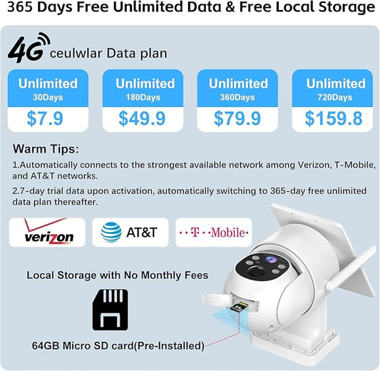 4G LTE Cellular Security Camera Outdoor,365 Days Free Unlimited Data,No WiFi Security Camera Solar Powered,360°Viewing,2K Color Night Vision,Tuya Smart Camera,PIR Motion Sensor,64GB Storage