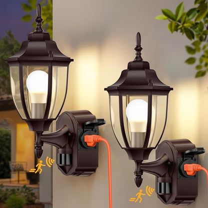 Porch Lights with Outlet, Motion Sensor Outdoor Lights, 2 Pack