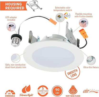 HALO HLBT 6 Pack 4 in LED Recessed Lights Slim Trim Retrofit Selectable Color Temperature 2700K, 3000K, 3500K, 4000K, 5000K Dimmable Indoor Outdoor Wet Location HLBT407FS5-6pk