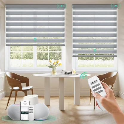 HeyBlinds Motorized Zebra Blinds with Remote, Smart Cordless Electric Zebra Shades for Indoor Windows Compatible with Alexa Google & Homekit, Custom Size (Simple-Gray LF)
