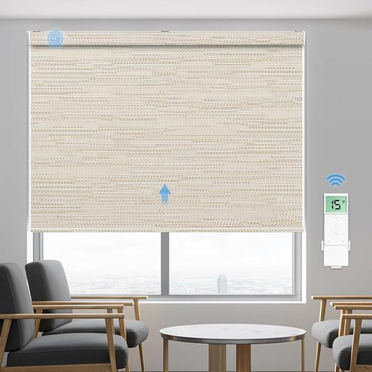 Tokblind Motorized Blackout Roller Shade Fabric Covered Valance and Bottom Rod, Remote Control Electric Window Blind Work with Alexa Google via Hub, Custom Size (Texture Light Coffee - Wrapped Fabric)
