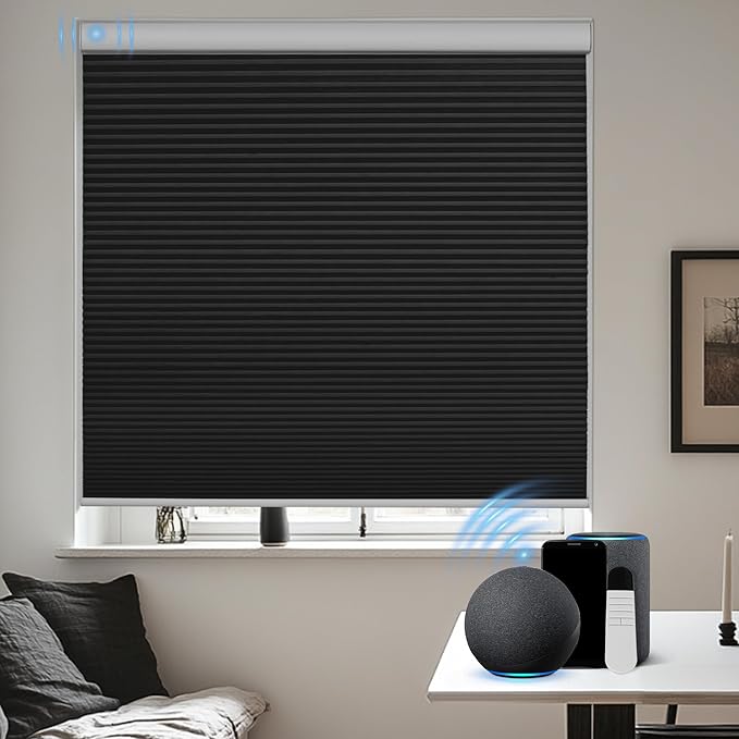 BERISSA Motorized Cellular Shades, Blackout Smart Honeycomb Blinds with Remote Control & Hub, Custom Room Darkening Automatic Cellular Window Blinds for Home Office, Living Room, Door,Black