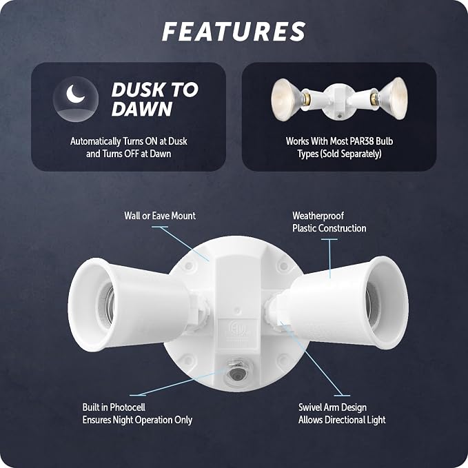 GLOBE Electric 240W Twin Head Dusk to Dawn Security Flood Light, White Finish, Automatic Photocell, Hardwired, Weather Resistant Outdoor Spotlight, 17000081