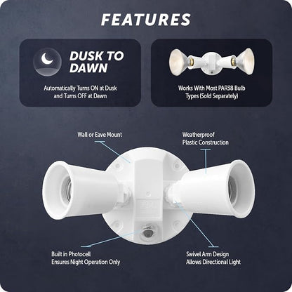 GLOBE Electric 240W Twin Head Dusk to Dawn Security Flood Light, White Finish, Automatic Photocell, Hardwired, Weather Resistant Outdoor Spotlight, 17000081