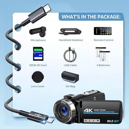 Camcorder Video Camera 4K 80MP Ultra HD Vlogging Camera for YouTube 18X Digital Zoom IR Night Vision 3.0" IPS Screen Video Recorder With Handheld Stabilizer, Microphone, 32G SD Card and Remote Control