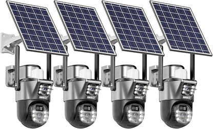 SANSCO 2K Dual Lens Solar Security Camera Wireless Outdoor, No Wires Needed, 2.4G & 5G WiFi, 360° PTZ Home Security Camera, Spotlight Color Night Vision, 2-Way Audio, PIR Motion Detection (4 Pack)