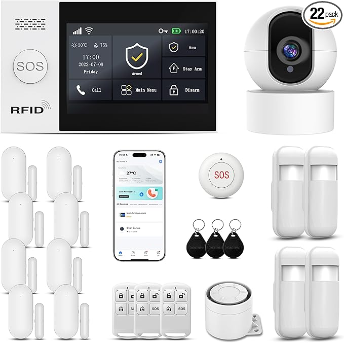 Alarm System for Home Security,22-Pcs 4.3In Touch Screen Hub with 2K HD Camera Home Security System Kit,SOS Button,Window Alarms, Remotes,APP Control,Compatible with Alexa,No Monthly Fees
