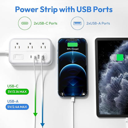 Surge Protector Power Strip with 6 Outlets 4 USB Port, 5 Ft Flat Plug Extension Cord Outlet Extender, White Extension Cord with Multiple Outlets for Indoor, Home, Office Supplies, Dorm Room Essentials