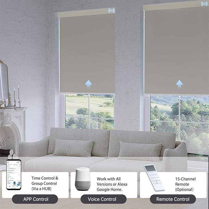 Motorized Blinds with Remote, Blackout Smart Blinds for Windows Automatic Roller Shades Compatible with Alexa, Motorized Shades Customized for Bedroom Home Office (Blackout-Fabric Beige)