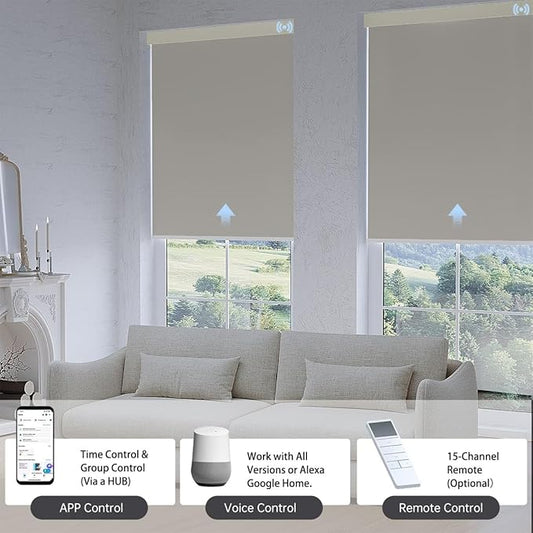Motorized Blinds with Remote, Blackout Smart Blinds for Windows Automatic Roller Shades Compatible with Alexa, Motorized Shades Customized for Bedroom Home Office (Blackout-Fabric Beige)