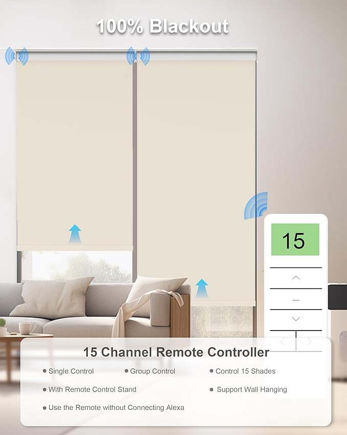 Motorized Blinds with Remote Control, Smart Blackout Automatic Blinds Work with Homekit Alexa Google Home, Rechargeable Electric Window Roller Shades with Valance, Customized Size (Vinyl Cream)