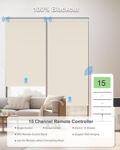 Motorized Blinds with Remote Control, Smart Blackout Automatic Blinds Work with Homekit Alexa Google Home, Rechargeable Electric Window Roller Shades with Valance, Customized Size (Vinyl Cream)