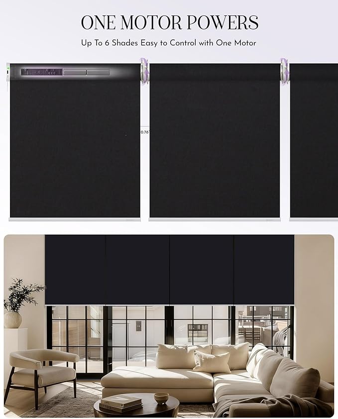 Graywind Smart Coupled Roller Shades Compatible with Alexa Google Custom Size Extra Large Motorized Blinds for Windows(Black)