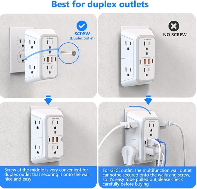 JcBlaon Outlet Extender Surge Protecto, 6 Outlet Extender with 4 USB Ports, 3 Sided 1050J Power Strip, Multiple Plug Expander Wall Charger for Home Office Travel-ETL