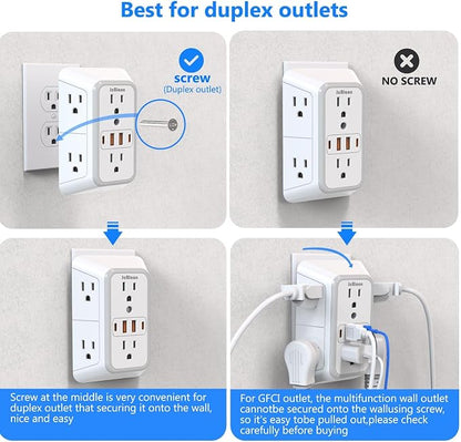 JcBlaon Outlet Extender Surge Protecto, 6 Outlet Extender with 4 USB Ports, 3 Sided 1050J Power Strip, Multiple Plug Expander Wall Charger for Home Office Travel-ETL