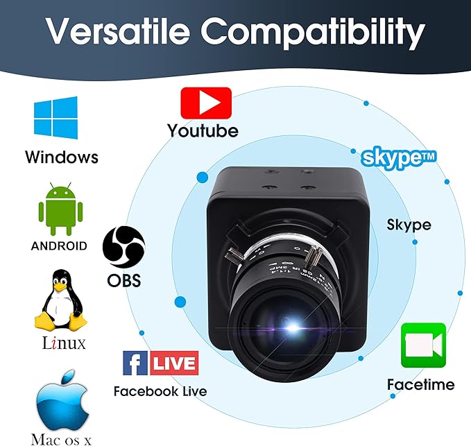 4K Webcam with 2.8-12mm Varifocal Lens, Plug&Play Sony IMX317 Sensor USB Camera Video Surveillance Streaming Computer Webcam 3840x2160@30fps USB Camera for Windows Linux Android Mac