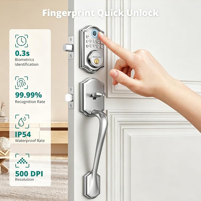 AkaGear Fingerprint Keyless Entry Door Lock Keypad Deadbolt with Handle Set | Smart Lock for Front Door, Front Door Lock Set, Passcode Unlock, 2 Keys, Auto-Lock, Brushed Nickel