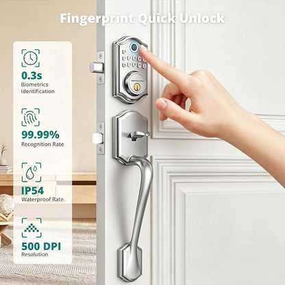 AkaGear Fingerprint Keyless Entry Door Lock Keypad Deadbolt with Handle Set | Smart Lock for Front Door, Front Door Lock Set, Passcode Unlock, 2 Keys, Auto-Lock, Brushed Nickel