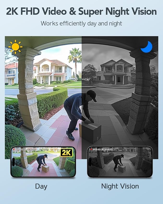 Doorbell Camera Wireless-Head PTZ Rotated 60°View, 2.4G WiFi Security Video Doorbell with Chime,Battery Powered,2K Full HD & Night Vision with Two-Way Talk, Smart Human Detection