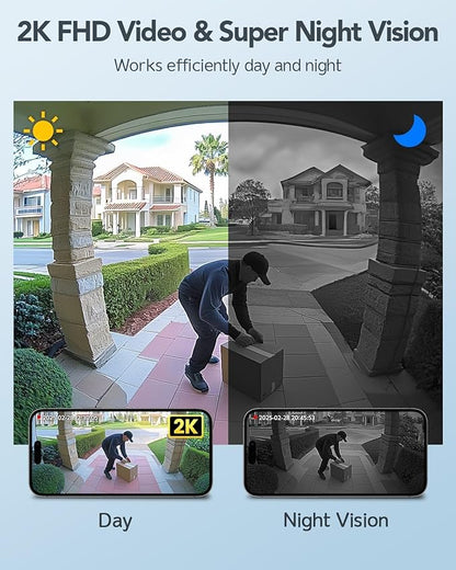 Doorbell Camera Wireless-Head PTZ Rotated 60°View, 2.4G WiFi Security Video Doorbell with Chime,Battery Powered,2K Full HD & Night Vision with Two-Way Talk, Smart Human Detection