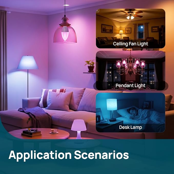 Linkind Matter E12/E26 Led Bulb, Color Changing Smart Light Bulbs, 4 Pack | Works with Alexa/Apple Home/Google Home, 500LM Candelabra Light Bulbs for Chandelier, 2.4G WiFi, with E26 to E12 Adapters