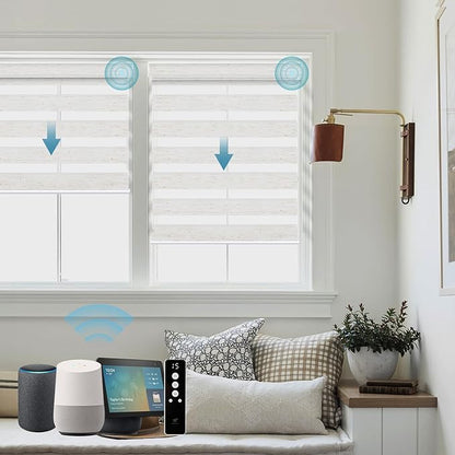 SmartWings Motorized Zebra Shades Work with HomeKit, Alexa, Google Home, 85% Blackout Light Filtering Day Night Sheer Blinds, Privacy Light Control, for Home/Office, Customized, Linen White