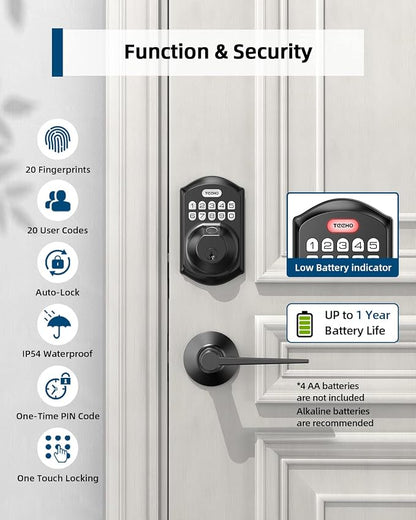 TEEHO TE002L Fingerprint Door Lock with 2 Lever Handles, Keyless Entry Deadbolt with Handle Set, Electronic Keypad Deadbolt for Front Door, Auto Lock and 1 Touch Locking, Matte Black
