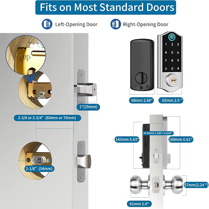 Fingerprint Smart Door Locks for Front Door with Handle Set, App Control, Keyless Entry Door Lock Keypad Deadbolt, Bluetooth Digital Electronic Touchscreen, Easy Install, Auto Lock, Satin Nickel