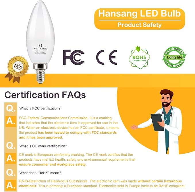 Candelabra LED Bulbs, 60 Watt Equivalent, 600LM Warm White 2700K, 6W, Type B Light Bulb, E12 Small Base, Decorative Chandelier Bulb, Ceiling Fan Bulbs, Non-Dimmable, Pack of 6