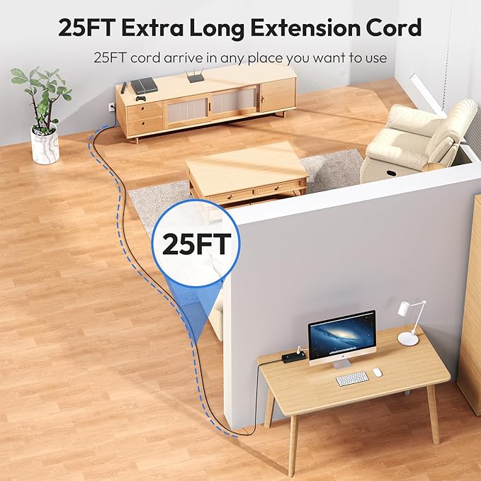 NTONPOWER Long Cord Power Strip, 25 FT Extension Cord with 12 Outlets & 4 USB Ports (2 USB C), 3 Side Multiple Outlet Extender, Wall Mounted for Home Office