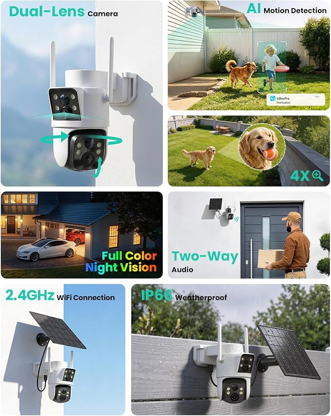 LIWAN Solar Camera Outdoor Wireless, Dual Lens, 2.4GHz WiFi Security Camera