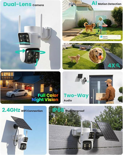 LIWAN Solar Camera Outdoor Wireless, Dual Lens, 2.4GHz WiFi Security Camera