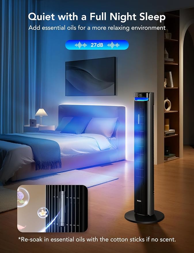 GoveeLife 42'' Tower Fan for Bedroom, Smart Floor Fans with 150° Adjustable Oscillating, APP & Voice Control, 5 Modes 12 Speeds up to 26ft/s, 24H Timer, 27dB Quiet Fan for Cooling Home Office Silver | Smart Floor Fans for Bedroom, up to 26ft/s, APP & V...