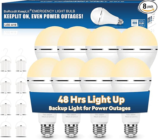 BoRccdit KeepLit 8 Pack Emergency Rechargeable Light Bulbs, 48H Long Lasting & 3 Brightness Power Outage Lights,12W 3000K Battery Backup Emergency Light Bulbs for Home Power Failure Hurricane