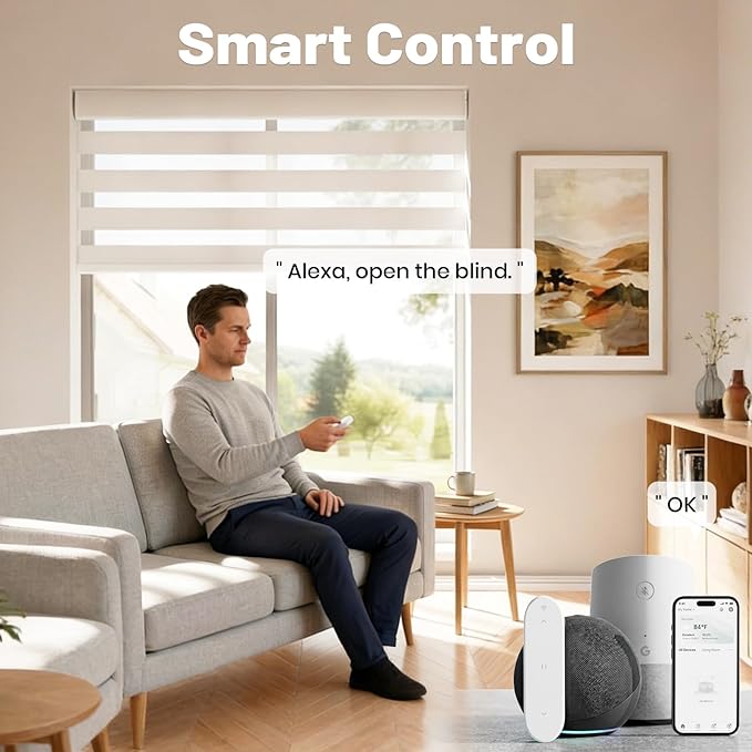 Motorized Zebra Blinds Smart Blinds with Remote Electric Shades for Indoor Windows Light Filtering Automatic Dual Layer Horizontal Shades Compatible with Google Alexa White 20" W X 72" H