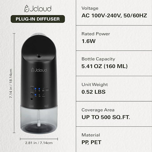 JCLOUD Plug in Diffuser Covers Up to 500 Sq. Ft. for Home, Office, Spa – Waterless Scent Diffuser Starter Kit with Royal Serenity Essential Oil Inspired by Luxury Hotel 140mL, Black