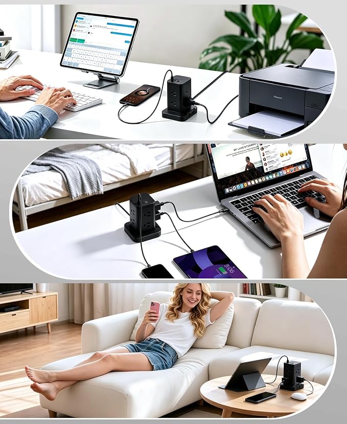 Power Strip Surge Protector, Fast Charging PD20W USB-C Tower, Black, 10FT | 8 AC Outlets with 2 PD20W USB-C & 1 USB-A Tatal 11 Outlets; Extension Cord for Multiple Devices; for Home Office Dorm Room