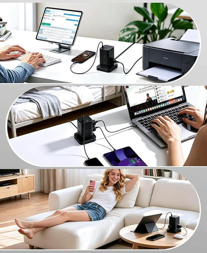 Power Strip Surge Protector, Fast Charging PD20W USB-C Tower, Black, 10FT | 8 AC Outlets with 2 PD20W USB-C & 1 USB-A Tatal 11 Outlets; Extension Cord for Multiple Devices; for Home Office Dorm Room