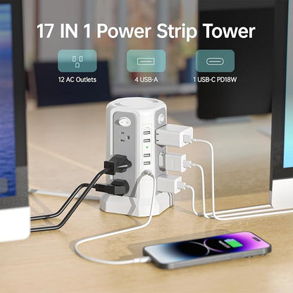 2PS Surge Protector Power Strip Tower 10FT（4A1C with PD18W USB C Port