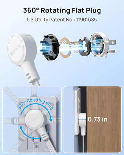 TROND 360° Rotating Flat Plug Power Strip, 1.5FT Extension Cord with 4 USB Ports, 4 Wide Spaced AC Outlets, Wall Mount, 900J Surge Protector for Office Travel Dorm Room Essentials, White