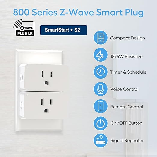 Zwave Plug 800 Series 2 Pack, Zwave Outlet Built-in Repeater Range Extender, Mini Zwave Smart Plug Work with SmartThings, Wink, Alexa, Google Assistant, Z-Wave Hub Required, FCC and ETL Listed, 1875W