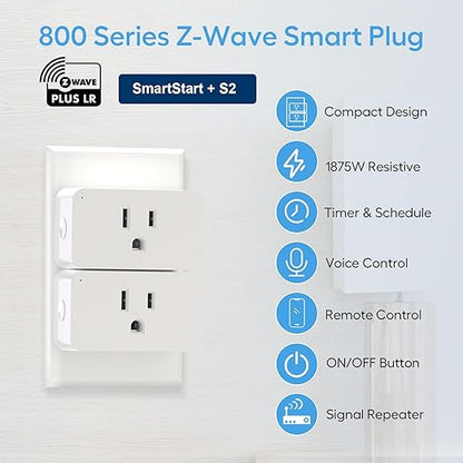 Zwave Plug 800 Series 2 Pack, Zwave Outlet Built-in Repeater Range Extender, Mini Zwave Smart Plug Work with SmartThings, Wink, Alexa, Google Assistant, Z-Wave Hub Required, FCC and ETL Listed, 1875W
