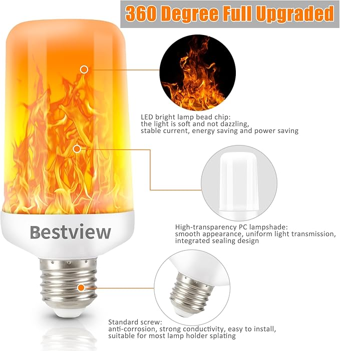 Bestview LED Flame Effect Light Bulbs,4 Modes Smart E26/E27 Base Flickering Fire Light Bulb with for Halloween, Christmas, Party, Porch, Indoor&Outdoor Home Decoration Lighting (Yellow 4 Pack)